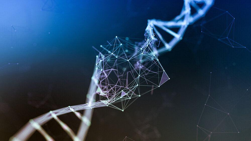 DNA_Teilstueck.jpg Teil einer DNA mit einem fehlenden Stück in der Mitte vor dunkelblauem Hintergrund