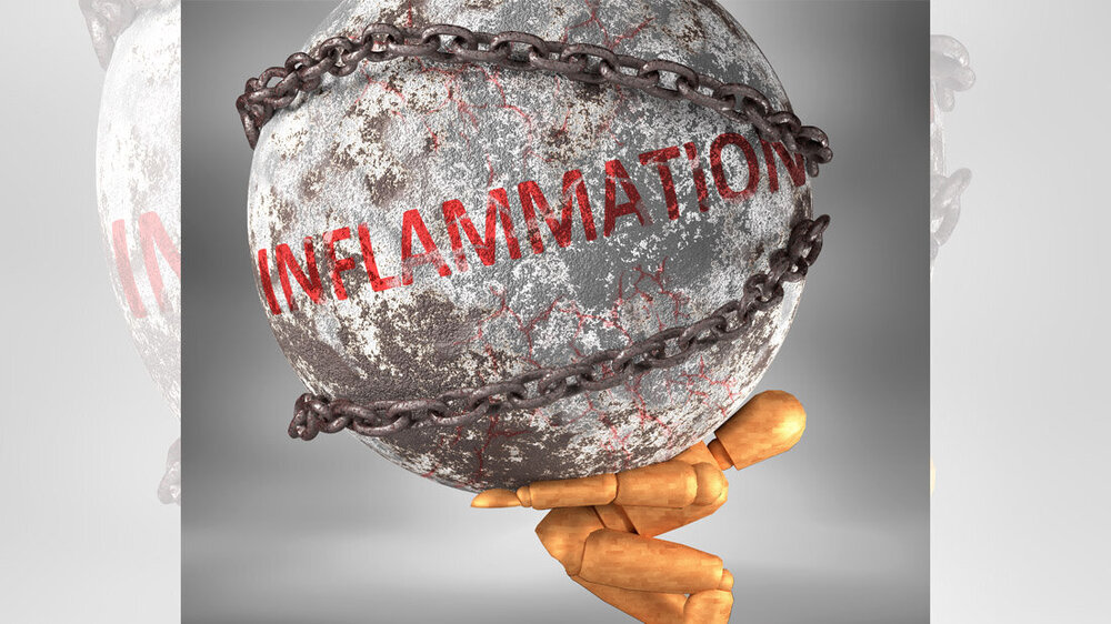 Inflammation.jpg Eine Figur aus Holz trägt eine Steinkugel mit der Aufschrift Inflammation.