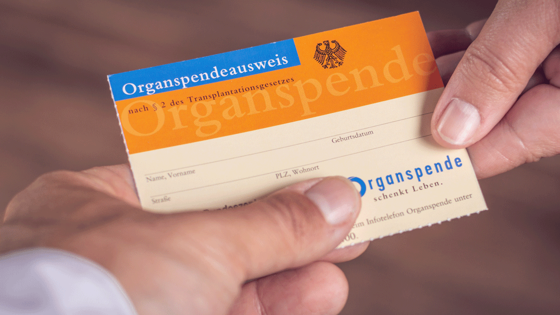 AdobeStock_206879350.gif Das Bild zeigt einen deutschen Organspendeausweis, der von einer Person übergeben wird.